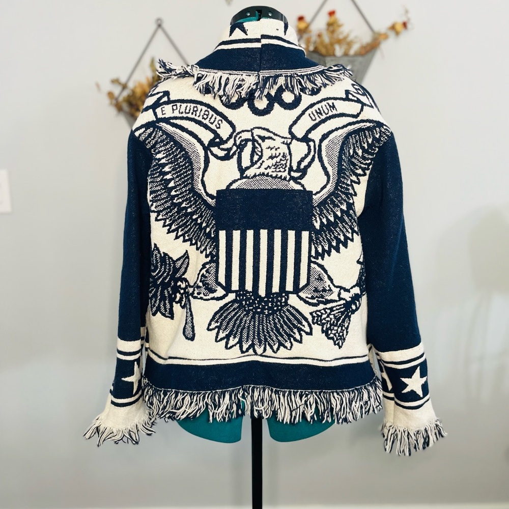 Upcycled One of a Kind Fringe Cardigan Sweater jacket in Navy and Cream